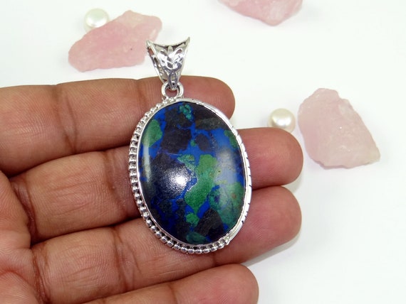 Sterling Silver Beaded Azurite & Malachite Oval Pendants Sterling Silver Beaded Azurite & Malachite Oval Pendants