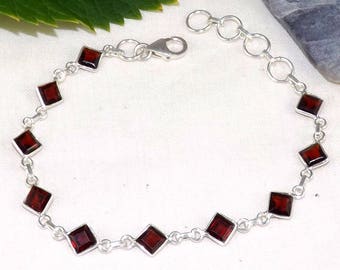 Garnet Bracelet, Sterling Silver Bracelet, Red Bracelet, January Birthday Stone, Square Bracelet, Garnet Jewellery, Gift For Her, J92219