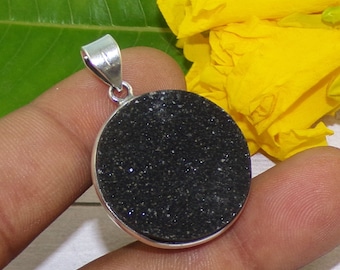 Natural Black Druzy Round Pendant, Rough Gemstone Pendant Necklace, 925 Sterling Silver Handmade Jewelry, Pendants For Wedding Gift, P42207