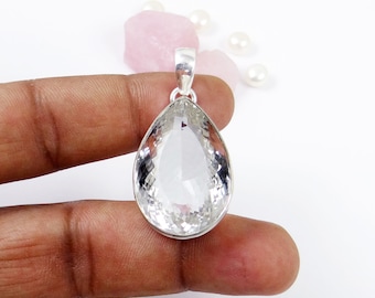 Crystal Quartz Pendant, Solid 925 Silver Pendant, Faceted Pendant, Necklace Pendant, Clear Quartz Pendant, Party Wear Pendant, Gift, J72723