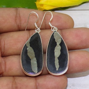 May include: A pair of silver dangle earrings with black and silver pyrite stone drops. The stones have a unique, natural pattern.