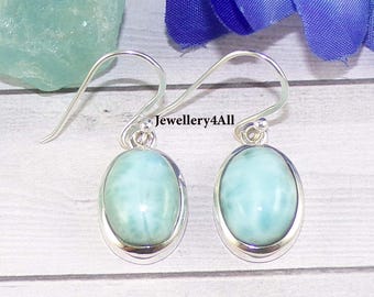 Boucles D'oreilles Pectolite Larimar Bleu - Argent 925 Fait Main - Modèle E437 - Neuf Sans Emballage