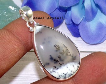 Dendritic Agate 925 Silver Pendant: Teardrop Gemstone Necklace