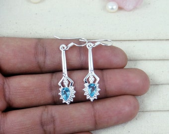 Blue Topaz Earring, 925 Sterling Silver Earring, Dangle & Drop Earring, Handmade Earring, Long Earring, Ear Wire, Unique Gift For Her, J1216