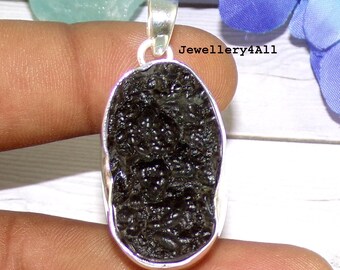 Raw Tektite Pendant Necklace, 925 Sterling Silver, Handmade