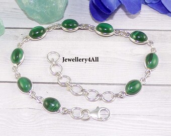 Malachite Bracelet, Green Gemstone Bracelet, 925 Silver Bezel Set Bracelet, Adjustable Bracelet, Gift For Her, Malachite Jewelry, R62025