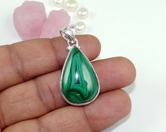 Malachite Pendant: Drop Shape, Solid Sterling Silver, Handmade