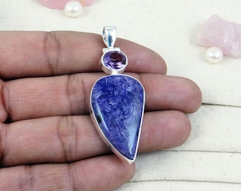 Handmade Big Charoite & Amethyst Sterling Silver Pendant