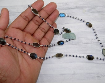 Labradorite Necklace, 30 inch Long Necklace, Iolite Beads Necklace, Labradorite Necklace, Bezel Necklace, Gift For Her- L010420