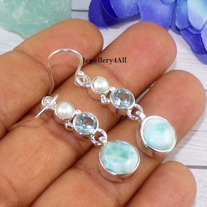 Natural Larimar Earrings with Blue Topaz & Pearl, 925 Sterling Silver Handmade Jewelry, Ear Wire Earrings, Birthday Gift For Her, R8105