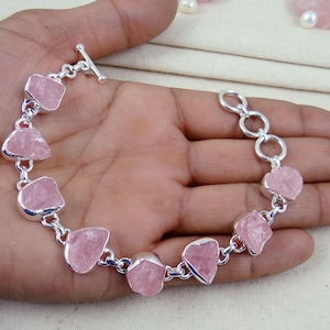 Raw Rose Quartz Bracelet, Solid 925 Sterling Silver Bracelet, Toggle Bracelet, Pink Rose Quartz, Handmade Bracelet, Christmas Gift, J1120010