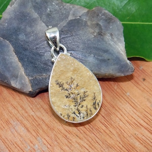 May include: A teardrop-shaped pendant with a silver bail and a beige stone featuring a black dendritic pattern.