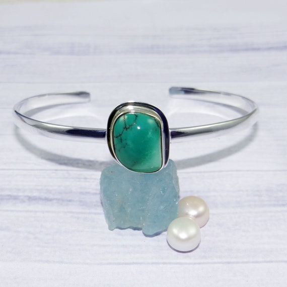 ターコイズ カフ バングル：ソリッド 925 スターリングシルバー 調節