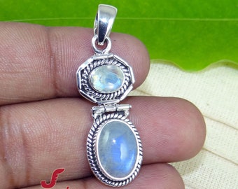 Rainbow Moonstone Pendant, Solid 925 Silver Pendant, Cut and Cab Rainbow Moonstone Necklace Pendant, Blue Flashy Rainbow Moonstone, Gift- K6