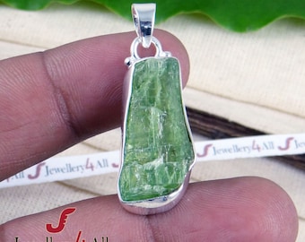 Raw Green Kyanite Pendant: Handmade 925 Sterling Silver Necklace