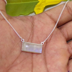 Blue Fire Rainbow Moonstone Necklace: 925 Sterling Silver Bezel, 18&quot; Curb Chain