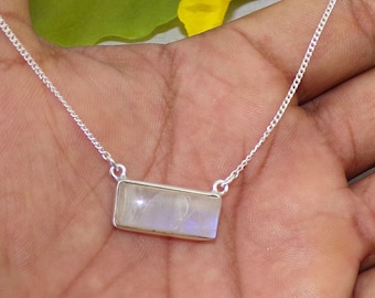 Blue Fire Rainbow Moonstone Necklacea, Rainbow Moonstone Necklaces, 925 Sterling Silver Necklace, Bezel Necklace, Curb Chain Necklace,N91905