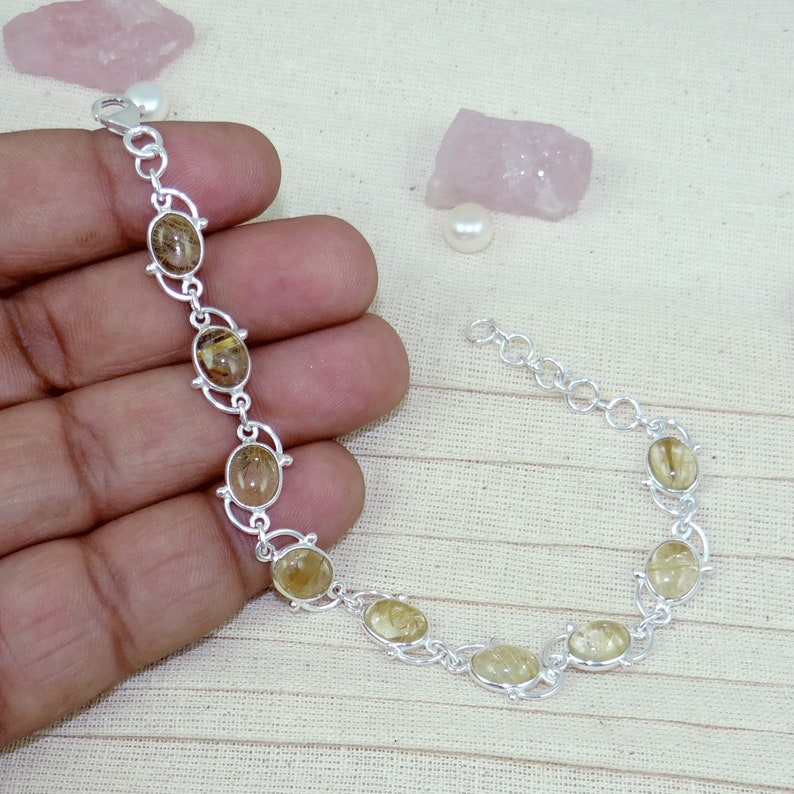 Rutilated Quartz Bracelet Classic Simple Bezel Set Bracelet Gift K31611 Dinty Bracelet Golden Rutile Bracelet Solid 925 Silver Bracelet