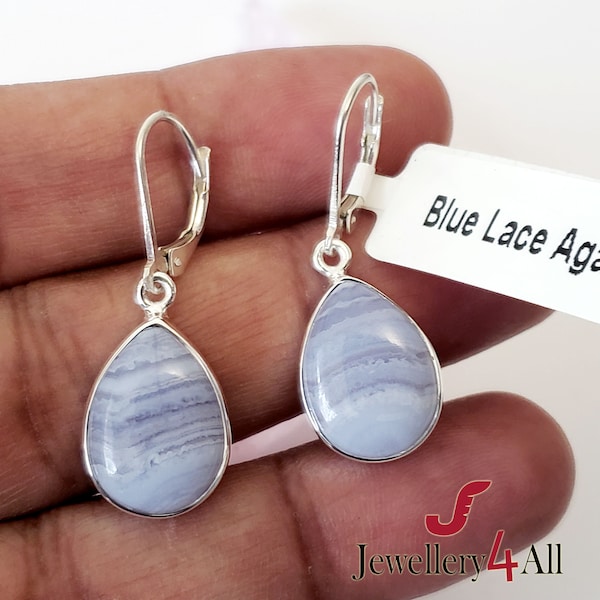 Blue Lace Agate Earrings, 925 Sterling Silver Earrings, Handmade Earrings, Leaver Back Earring, Dangle & Drop Earring, Sale, J519-932