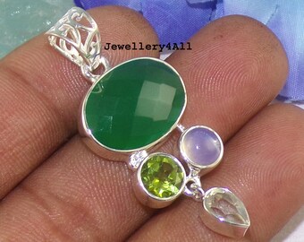 Handmade Sterling Silver Green Onyx Pendant: Peridot, Opal & Amethyst