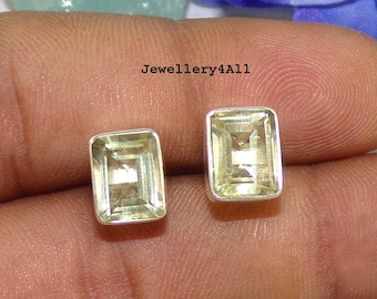 Lemon Quartz Stud Earrings, 925 Sterling Silver, Handmade Jewelry