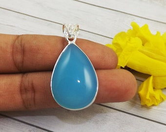 Ciondolo a goccia in argento sterling 925 con calcedonio blu