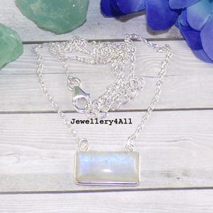 Genuine Blue Fire Rainbow Moonstone Pendant Necklace with Curb Chain in 925 Sterling Silver, Handmade Pendant, Unique Gift, For Her, R30505