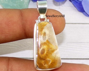 Pendentif en argent corail fossile, collier pendentif fait main en argent sterling 925, cadeau de bijoux en pierre de l'océan antique, bijoux de guérison pour elle, R42519