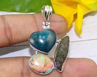 Neon Blue Apatite Pendant, Rough Moldavite Pendants, Sterling Opal Pendant, Heart Shape Pendants, 925 Sterling Silver Pendant, N60221