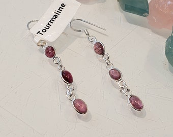 Pink real 3 gems Tourmaline Earrings, 925 Sterling Silver Earrings, Pink Tourmaline Jewellery, Tourmaline Earrings, Bezel Earring E2