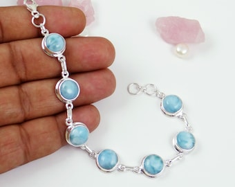 Sterling Silver Larimar Bracelet: Adjustable Round Gemstone