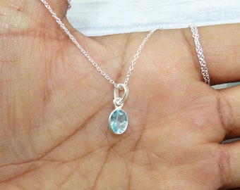 Blue Topaz Pendant Necklace, Pendant With Chain, 925 Sterling Silver, Bezel Tiny Pendant, Lobster Claw Curb Chain, Christmas Gift, L10856