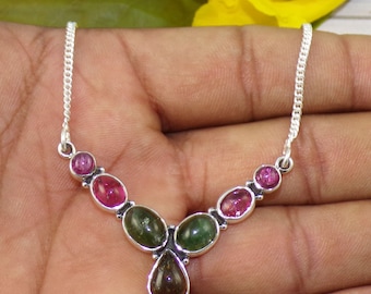 Multi-Color Tourmaline Necklace: Handmade Sterling Silver Cable Chain