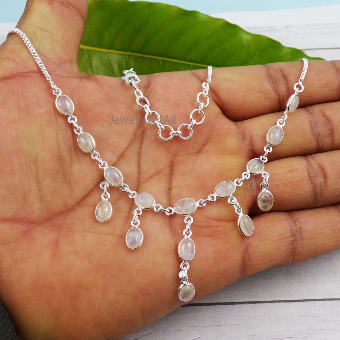 Opalescent Rainbow Moonstone Necklace: Handmde Bezel Set 925