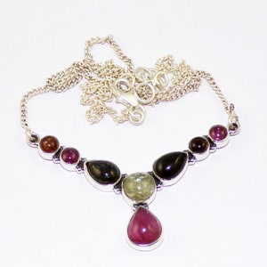 925 Sterling Silver Necklace, Mutli Tourmaline Gemstone Necklace, Mutlicolor Stones Necklace, Chain Necklace, Handmade Jewelry Gift, P42523