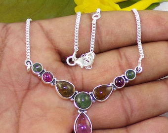 Multi-Color Tourmaline Necklace: Handmade Sterling Silver Cable Chain