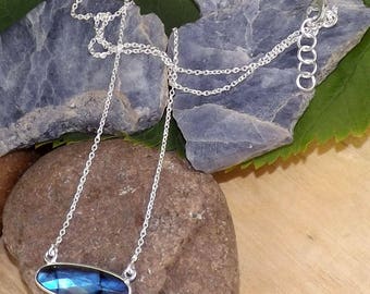 Labradorite Necklace, Natural Blue Fire Necklace, 925 Sterling Silver Necklace, Cable Chain Necklace, Silver Chain, Fiery Labradorite Gem K9