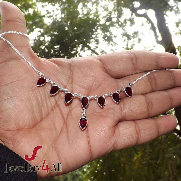 Garnet Necklace, Bezel Set Necklace, 925 Silver Necklace, Dainty Necklace, Garnet Jewelry, January Birthstone, Curb Chain Necklace GIFT, K9