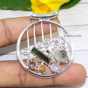 925 Silver Gemstone Pendant: Green Tourmaline, Citrine, Moonstone, Tiger Eye