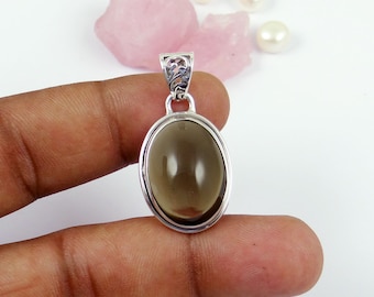 Cabochon Smokey Quartz Pendant: Handmade Sterling Silver Necklace
