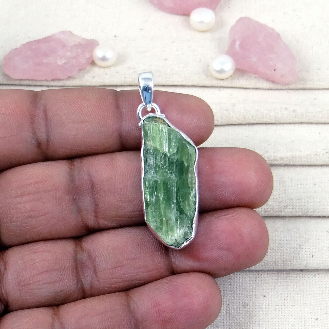 Green Kyanite Pendant, Solid 925 Sterling Silver Pendant
