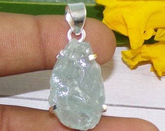 Raw Aquamarine Pendant, 925 Sterling Silver, Handmade Jewelry