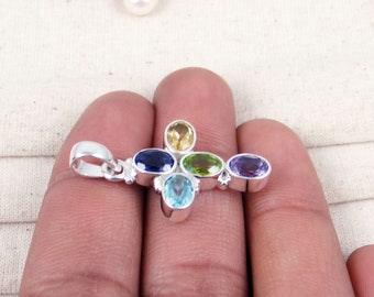 Cross Pendant, Multi Cut Gems Cross Pendant, Iolite, Blue