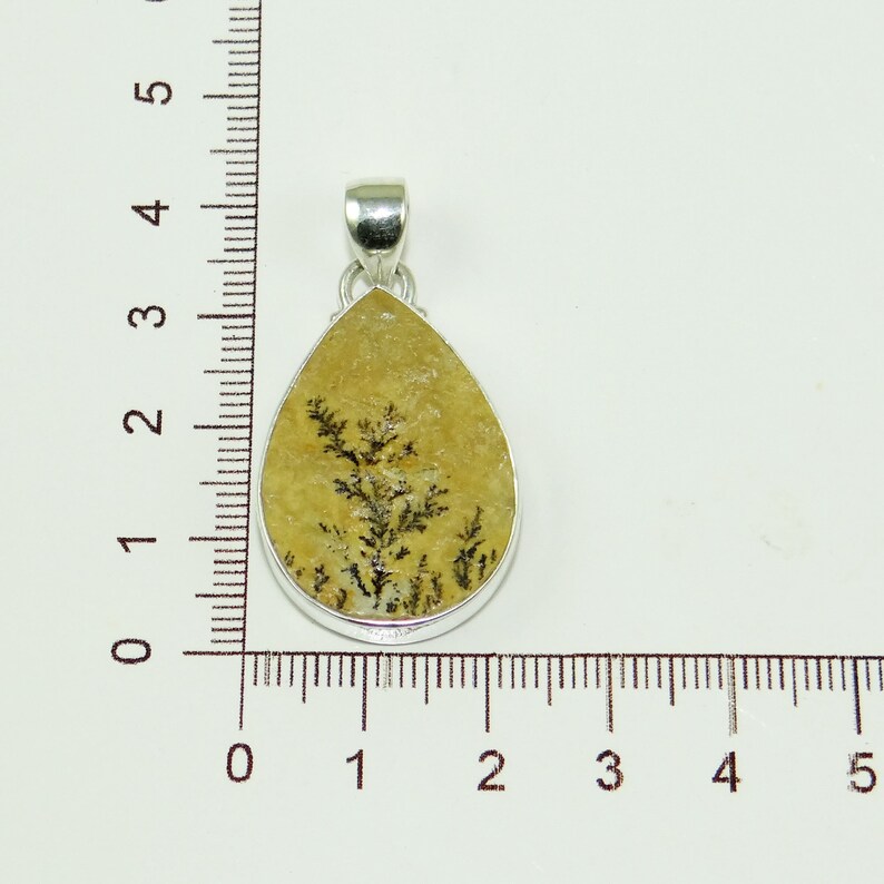 May include: A silver pendant with a teardrop-shaped stone featuring a dendritic agate pattern in shades of brown and white. The pendant is approximately 2 cm in length.
