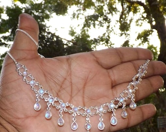 Rainbow Moonstone Necklace, Handmade Sterling Silver Bezel Necklace