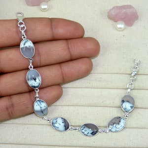 Dendritic Agate Bracelet, Classic Simple Bezel Set Bracelet, Solid 925 Sterling Silver Bracelet, Lobster Claw, Delicate Bracelet, J122206