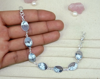 Dendritic Agate Bracelet, Classic Simple Bezel Set Bracelet, Solid 925 Sterling Silver Bracelet, Lobster Claw, Delicate Bracelet, J122206