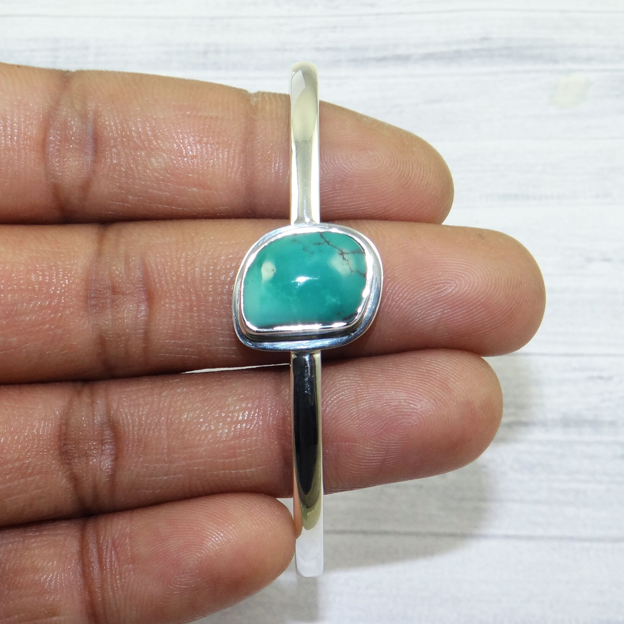 ターコイズ カフ バングル：ソリッド 925 スターリングシルバー 調節