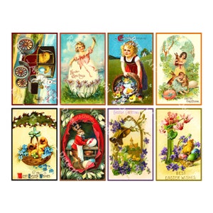 Immagini di biglietti di Pasqua, 8 illustrazioni di cartoline in stile vintage, 4" x 2,5" ciascuna, DOWNLOAD DIGITALE di effimeri decorazioni pasquali, 1069