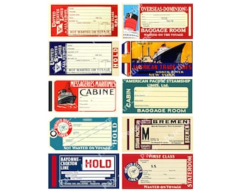 Hotel Luggage Labels 10 DIGITAL DOWNLOAD Labels on 1 JPEG, Each label is 4" Wide Steam Trunks & Hotel Suitcase Decals, S57